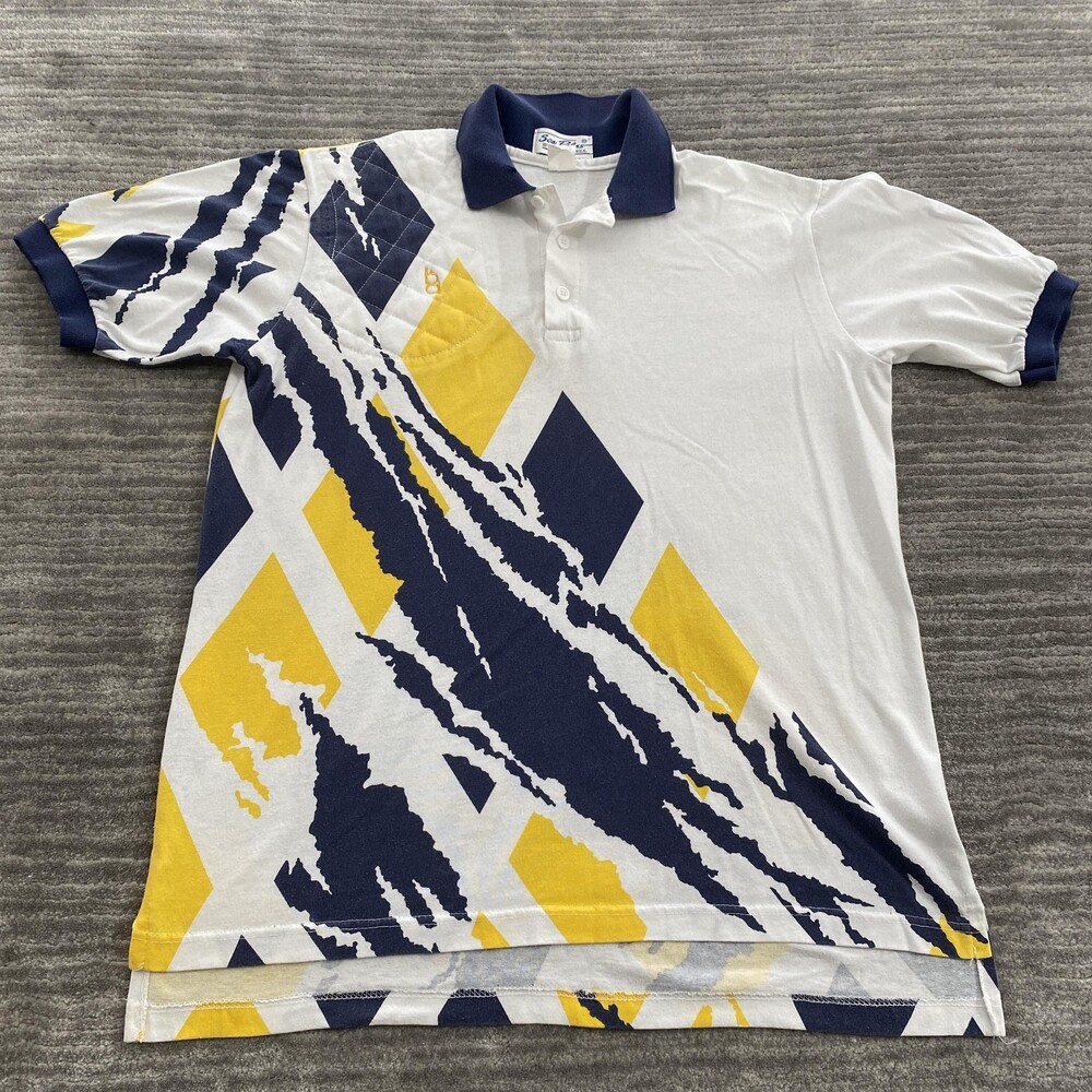 Vintage Sea Palms Polo Shirt Mens Medium Quilted Navy Yellow Geometric Golf